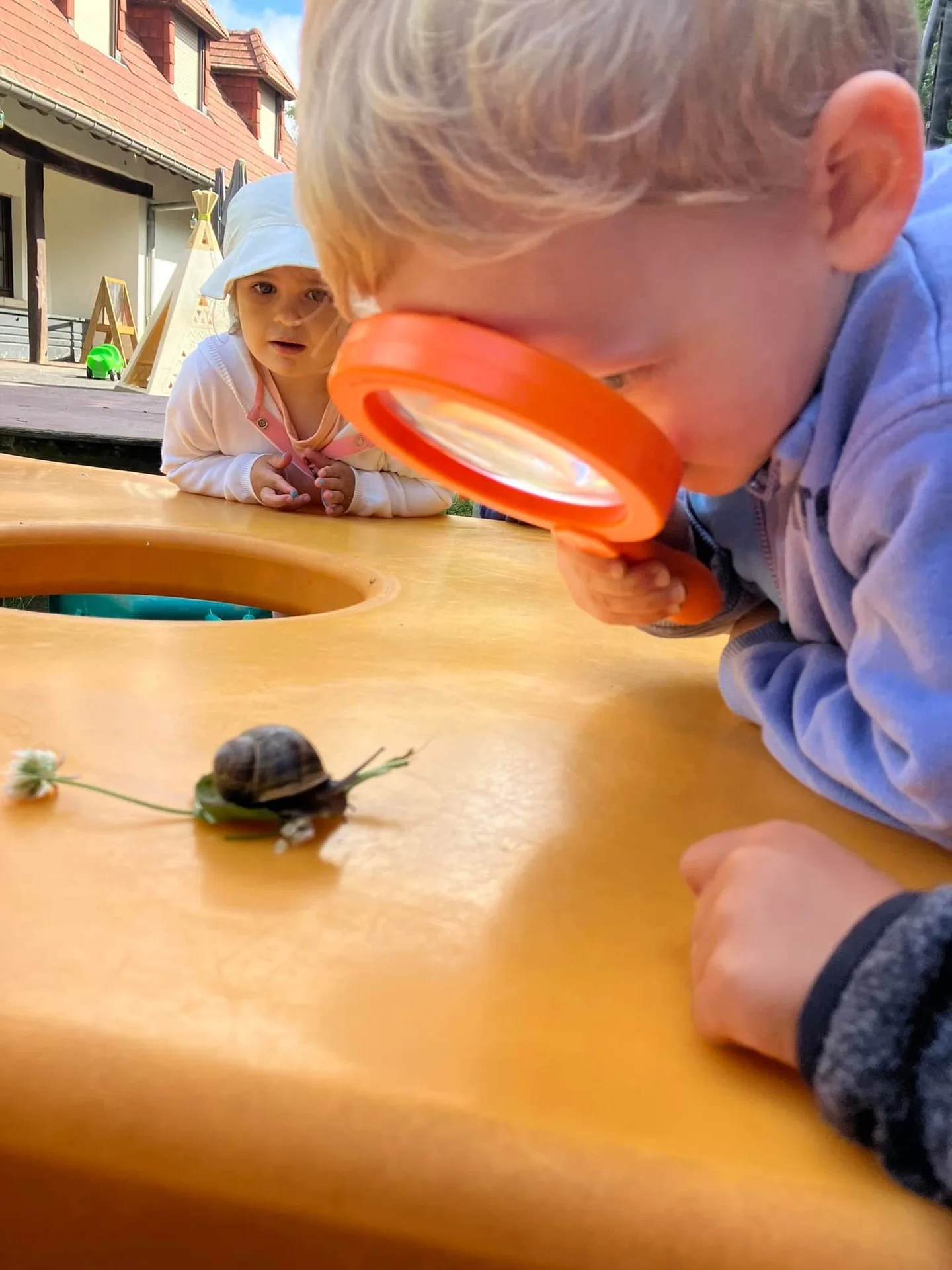 Observation d'un escargot à la loupe, éveil scientifique à la crèche Schnick Schnack