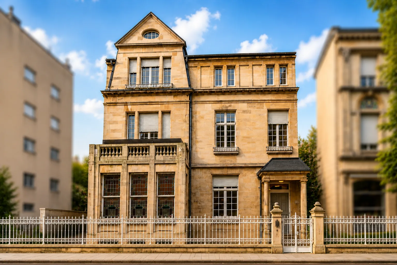 Crèche Schnick Schnack Schnuck à Differdange, façade en pierre de taille du bâtiment historique, 38 avenue de la Liberté