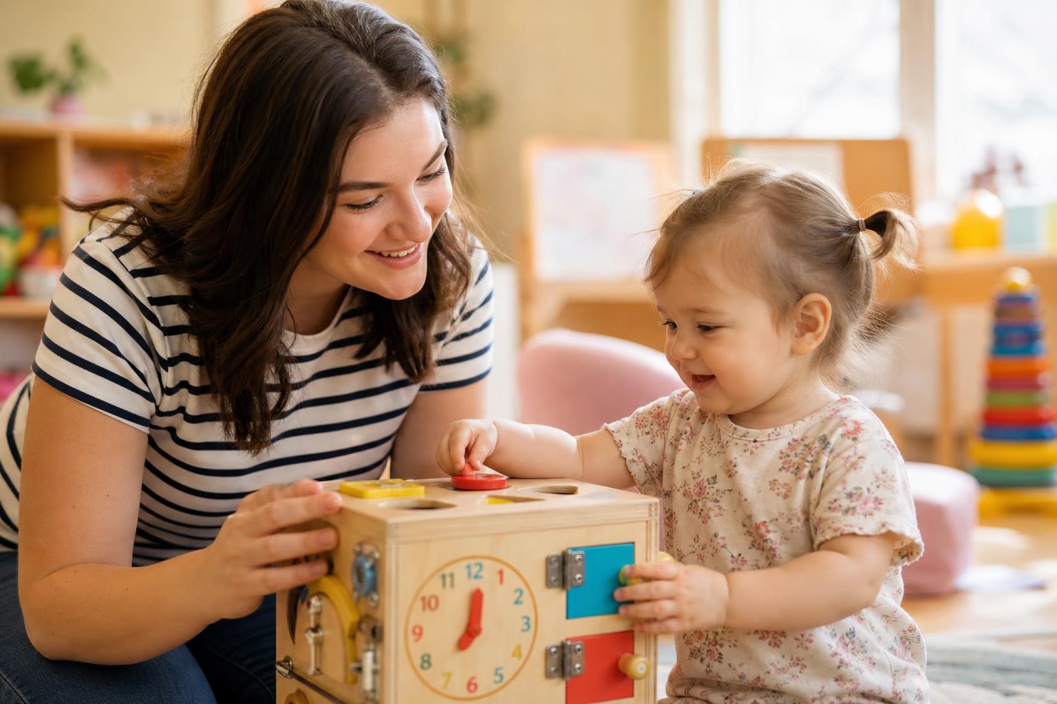Éducatrice complice avec une enfant autour d'un jeu sensoriel en bois à la crèche