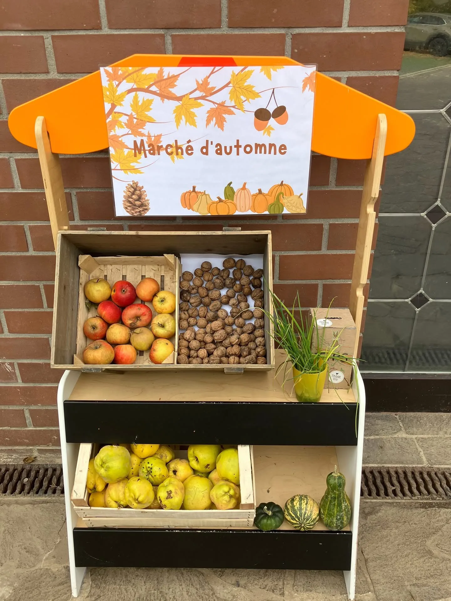 Stand « Marché d'automne » avec pommes, noix, coings et courges récoltés par les enfants